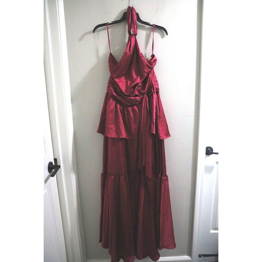 Few Moda Sintra Dress Dark pink Satin Halter Tiered Ruffle Maxi Dress 4